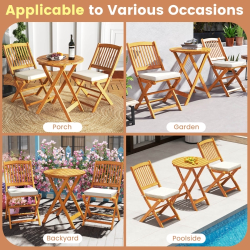 Costway 3 PCS Acacia Wood Patio Bistro Set Folding Table & Chairs Set with Cushions