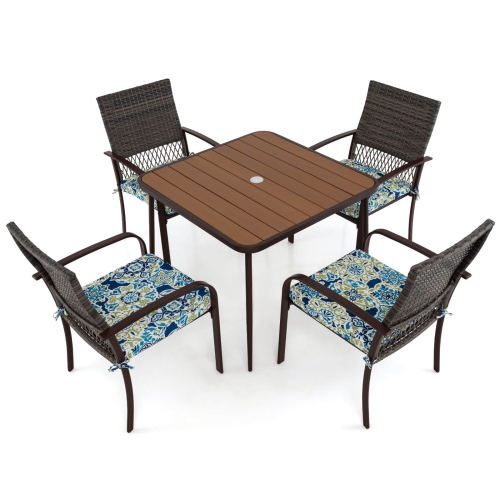 COSTWAY  5 PCs Patio Dining Set With Wood-Plastic Tabletop & Umbrella Hole for Backyard