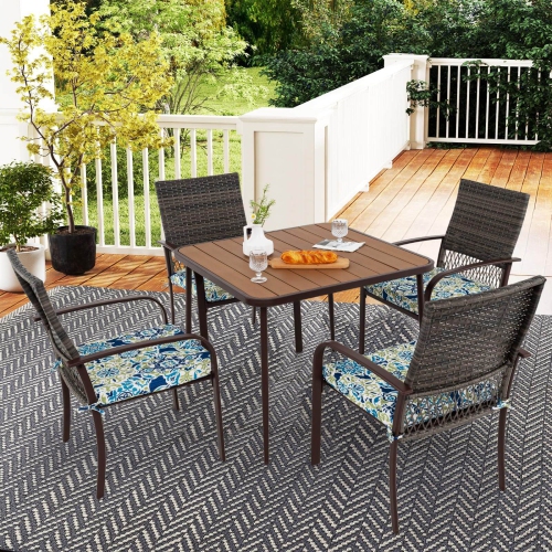 Costway 5 PCS Patio Dining Set with Wood-Plastic Tabletop & Umbrella Hole for Backyard