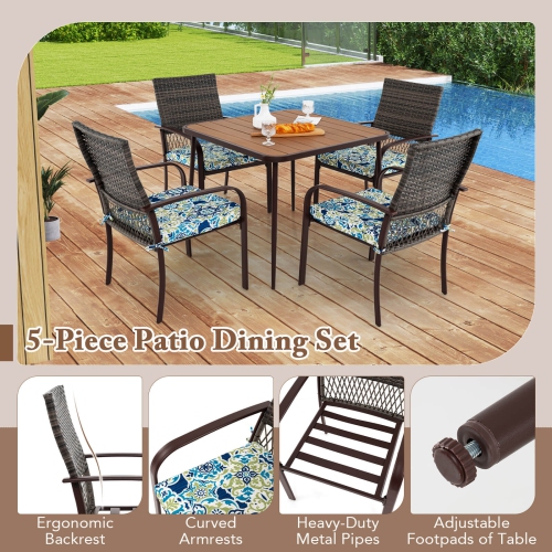 Costway 5 PCS Patio Dining Set with Wood-Plastic Tabletop & Umbrella Hole for Backyard
