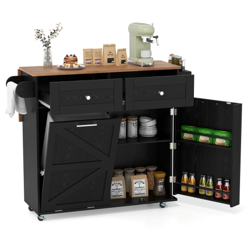 Image 1 of 10.. Costway Rolling Kitchen Island Kitchen Island Cart with Drop Leaf Trash Can Cabinet