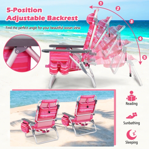 2-Pack Folding Backpack Beach Chair 5-Position Outdoor Reclining Chairs with Pillow