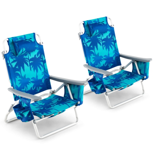 2-Pack Folding Backpack Beach Chair 5-Position Outdoor Reclining Chairs with Pillow