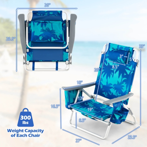 2-Pack Folding Backpack Beach Chair 5-Position Outdoor Reclining Chairs with Pillow