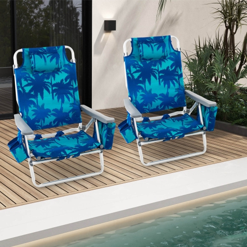2-Pack Folding Backpack Beach Chair 5-Position Outdoor Reclining Chairs with Pillow
