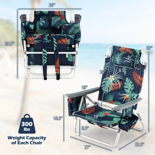 Costway 4-Pack Folding Backpack Beach Chair 5-Position Outdoor Reclining Chairs with Pillow