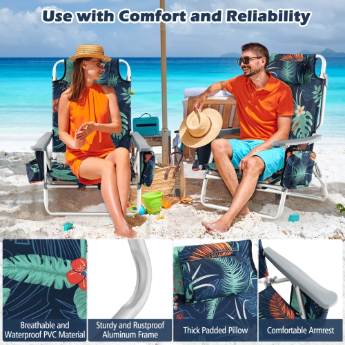 Costway 4-Pack Folding Backpack Beach Chair 5-Position Outdoor Reclining Chairs with Pillow