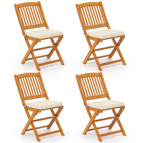 COSTWAY  Outdoor Folding Chairs Set Of 4 Acacia Wood High-Back Chair With Seat Cushions