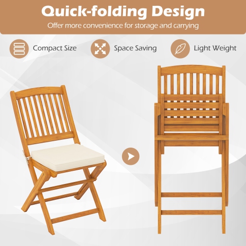 Costway Outdoor Folding Chairs Set of 4 Acacia Wood High-Back Chair with Seat Cushions