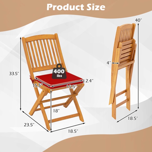 Costway Outdoor Folding Chairs Set of 4 Acacia Wood High-Back Chair with Seat Cushions