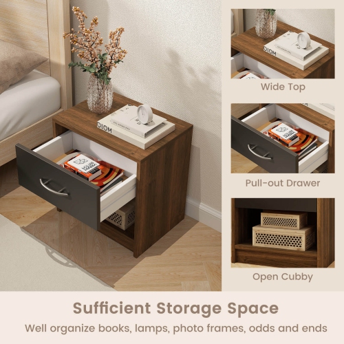 Costway Modern Nightstand Bedside Table with Drawer Open Storage Shelf for Small Spaces