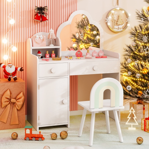 Costway Kids Vanity Table and Chair Set with Cloud-shaped Mirror Open Shelf Storage Drawers
