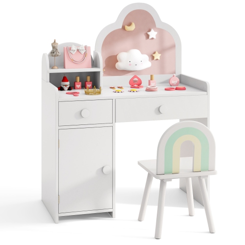 Costway Kids Vanity Table and Chair Set with Cloud-shaped Mirror Open Shelf Storage Drawers