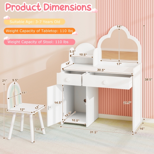 Costway Kids Vanity Table and Chair Set with Cloud-shaped Mirror Open Shelf Storage Drawers