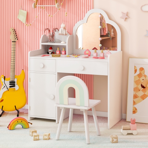 Costway Kids Vanity Table and Chair Set with Cloud-shaped Mirror Open Shelf Storage Drawers
