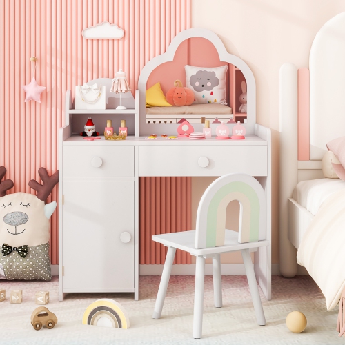 Costway Kids Vanity Table and Chair Set with Cloud-shaped Mirror Open Shelf Storage Drawers