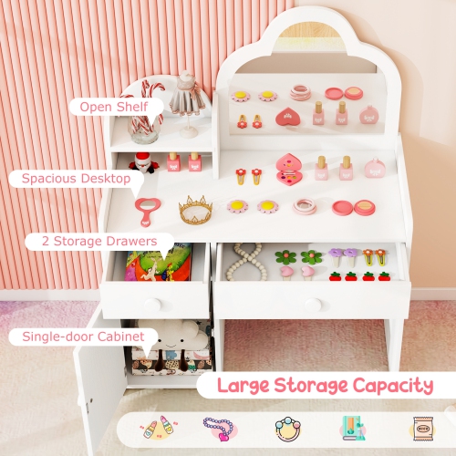 Costway Kids Vanity Table and Chair Set with Cloud-shaped Mirror Open Shelf Storage Drawers
