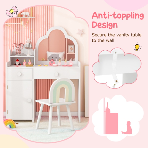 Costway Kids Vanity Table and Chair Set with Cloud-shaped Mirror Open Shelf Storage Drawers