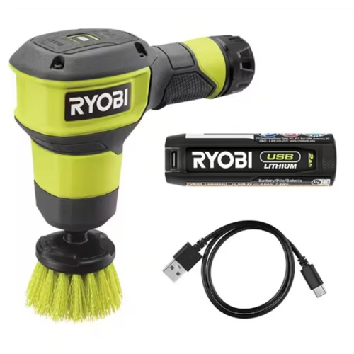 RYOBI USB Lithium Compact Scrubber Kit with 2.0 Ah Battery, Charging Cord, and Bristle Brush