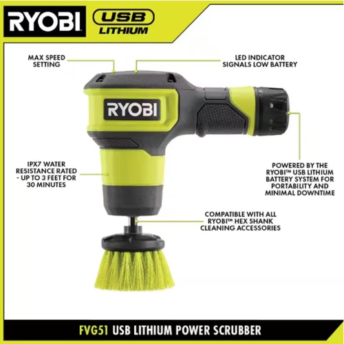 RYOBI USB Lithium Compact Scrubber Kit with 2.0 Ah Battery, Charging Cord, and Bristle Brush