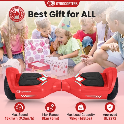 Gyrocopters Prime All-Terrain Hoverboard | Speed up to 15km/h | 300W Powerful Motor | 6.5” LED wheels | 165 lbs weight capacity | UL2272 certified |