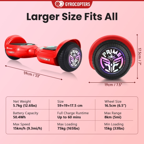 Gyrocopters Prime All-Terrain Hoverboard | Speed up to 15km/h | 300W Powerful Motor | 6.5” LED wheels | 165 lbs weight capacity | UL2272 certified |