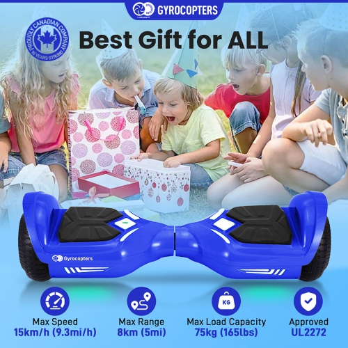Gyrocopters Prime All-Terrain Hoverboard | Speed up to 15km/h | 300W Powerful Motor | 6.5” LED wheels | 165 lbs weight capacity | UL2272 certified |