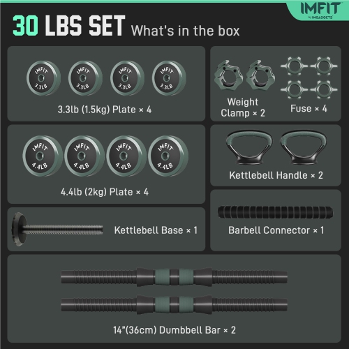 Haltères ajustables AIO 1,65 à 30 lb | Haltères, haltères russes, barres d'appui pour un entraînement complet | Ensemble de poids ajustable de