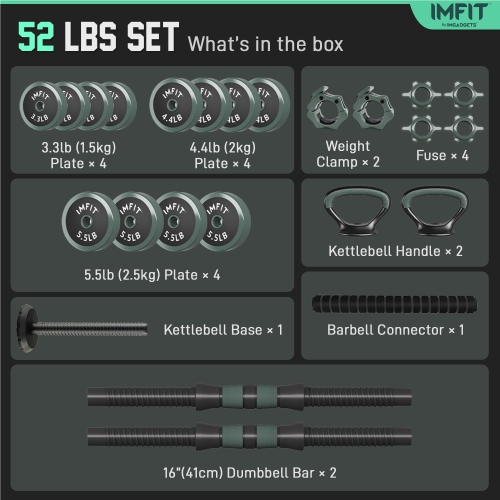 Haltères ajustables AIO 1,65 à 52&nbsp;lb | Haltères, haltères russes, barres d'appui pour un entraînement complet | Ensemble de poids ajustable de