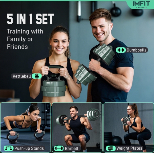 IMFIT AIO Weight Adjustable Dumbbells 1.65 to 85lbs | Dumbbells, Barbells, Kettlebells, Push-Up Bars for Full-Body Workout | Premium Adjustable