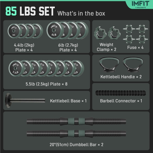 IMFIT AIO Weight Adjustable Dumbbells 1.65 to 85lbs | Dumbbells, Barbells, Kettlebells, Push-Up Bars for Full-Body Workout | Premium Adjustable