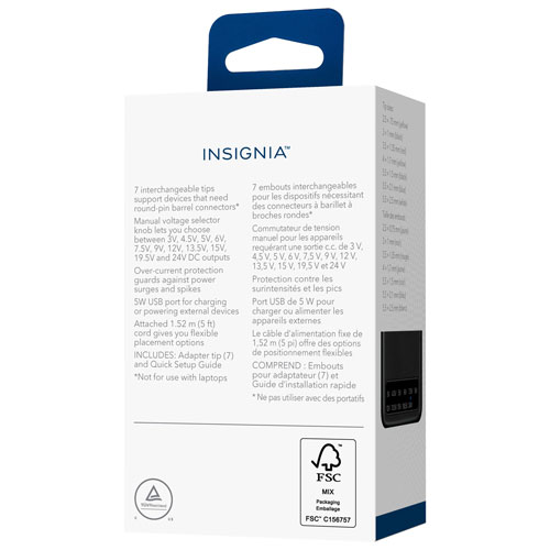 Adaptateur c.a. universel 48 W d'Insignia avec 7 embouts et USB-A (NS-UNI48WAC-C)