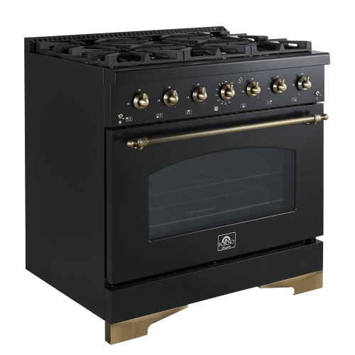 Forno Antico 36-inch Dual Fuel Range, Black and Antique Brass, 6 Burners, 4.5 cu.ft. Convection Oven