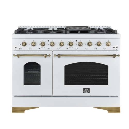 Forno Antico – Cuisinière biénergie de 48&nbsp;po, blanc avec fini laiton antique, 8 brûleurs, 94&nbsp;000&nbsp;BTU, 5,5&nbsp;pi³ Fours doubles et