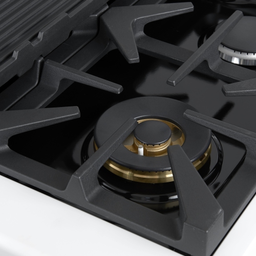 Forno Antico – Cuisinière biénergie de 48 po, blanc avec fini laiton antique, 8 brûleurs, 94 000 BTU, 5,5 pi³ Fours doubles et