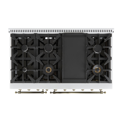 Forno Antico – Cuisinière biénergie de 48 po, blanc avec fini laiton antique, 8 brûleurs, 94 000 BTU, 5,5 pi³ Fours doubles et