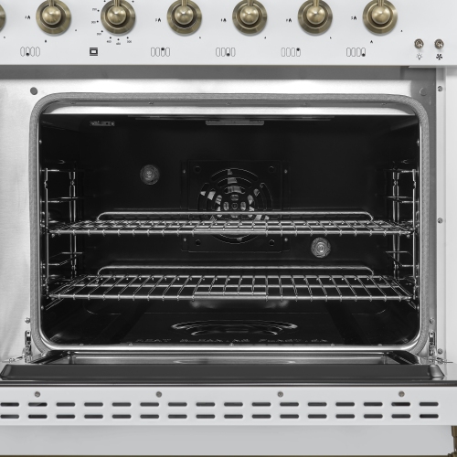 Forno Antico – Cuisinière biénergie de 48 po, blanc avec fini laiton antique, 8 brûleurs, 94 000 BTU, 5,5 pi³ Fours doubles et