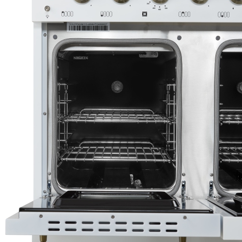 Forno Antico – Cuisinière biénergie de 48 po, blanc avec fini laiton antique, 8 brûleurs, 94 000 BTU, 5,5 pi³ Fours doubles et
