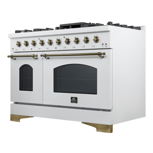 Forno Antico – Cuisinière biénergie de 48 po, blanc avec fini laiton antique, 8 brûleurs, 94 000 BTU, 5,5 pi³ Fours doubles et