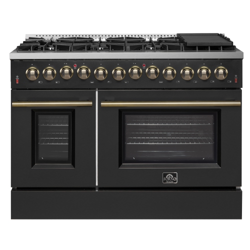 Galiano 48-inch Dual Fuel Range Black & Antique Brass Design with 8 Sealed Burners 107,000 BTU, 6.58 cu. ft. double ovens & Griddle