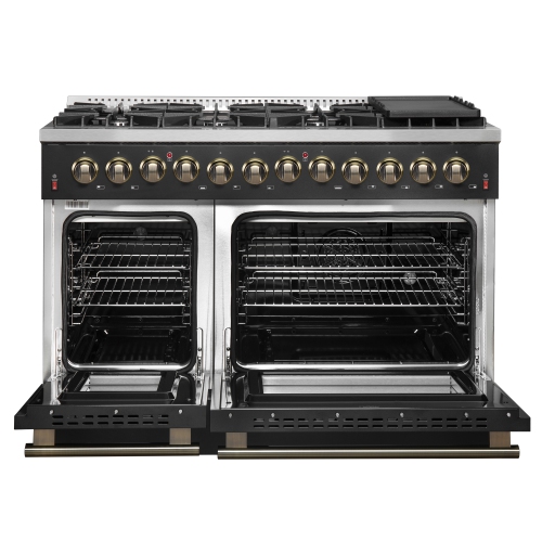 Galiano 48-inch Dual Fuel Range Black & Antique Brass Design with 8 Sealed Burners 107,000 BTU, 6.58 cu. ft. double ovens & Griddle
