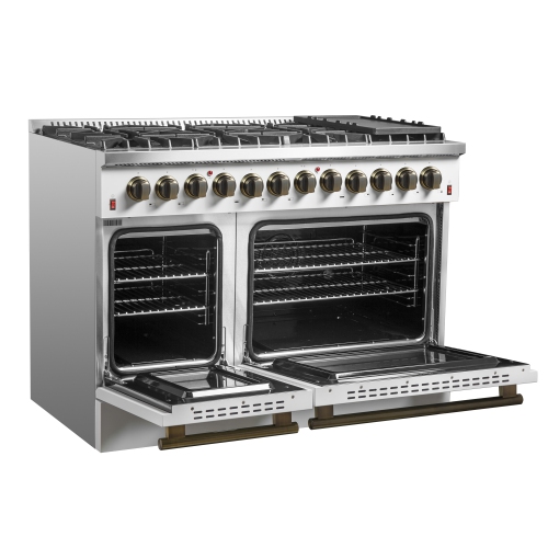 Galiano 48-inch Dual Fuel Range White & Antique Brass Design with 8 Sealed Burners 107,000 BTU, 6.58 cu. ft. double ovens & Griddle