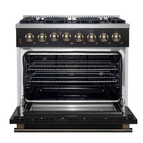 Forno Galiano 36-inch Dual Fuel Range in Black & Antique Brass Design, 6 Sealed Burners 83,000 BTU, 5.36 cu.ft. True Convection Oven