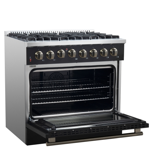 Forno Galiano 36-inch Dual Fuel Range in Black & Antique Brass Design, 6 Sealed Burners 83,000 BTU, 5.36 cu.ft. True Convection Oven