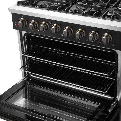 Forno Galiano 36-inch Dual Fuel Range in Black & Antique Brass Design, 6 Sealed Burners 83,000 BTU, 5.36 cu.ft. True Convection Oven
