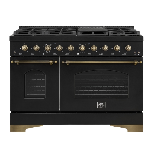 Forno Antico – Cuisinière biénergie de 48&nbsp;po, noir avec fini laiton antique, 8 brûleurs, 94&nbsp;000&nbsp;BTU, 5,5&nbsp;pi³ Fours doubles et