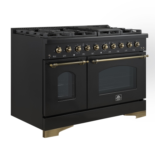 Forno Antico – Cuisinière biénergie de 48 po, noir avec fini laiton antique, 8 brûleurs, 94 000 BTU, 5,5 pi³ Fours doubles et