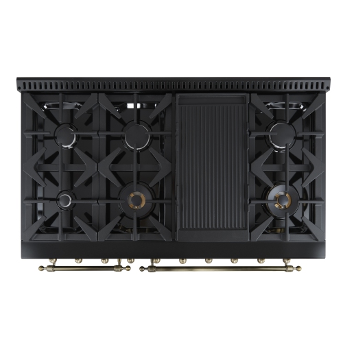 Forno Antico – Cuisinière biénergie de 48 po, noir avec fini laiton antique, 8 brûleurs, 94 000 BTU, 5,5 pi³ Fours doubles et