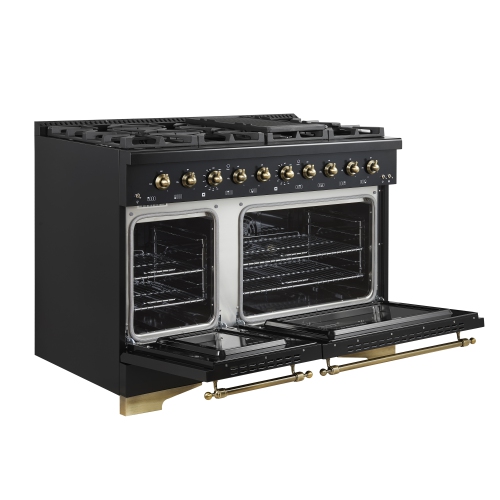 Forno Antico – Cuisinière biénergie de 48 po, noir avec fini laiton antique, 8 brûleurs, 94 000 BTU, 5,5 pi³ Fours doubles et