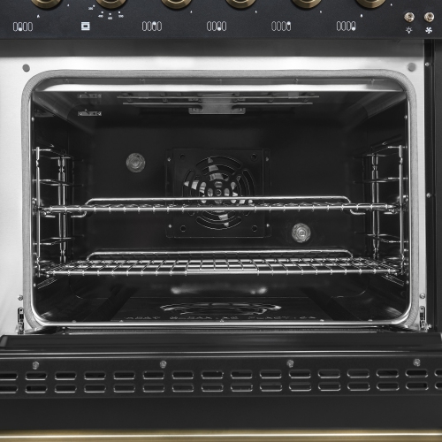 Forno Antico – Cuisinière biénergie de 48 po, noir avec fini laiton antique, 8 brûleurs, 94 000 BTU, 5,5 pi³ Fours doubles et